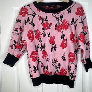 TAHARI pink with red rose sweater - 3/4 length sleeve - size small
